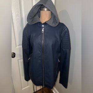NWOT Guess Men's Navy Hooded Leather Jacket